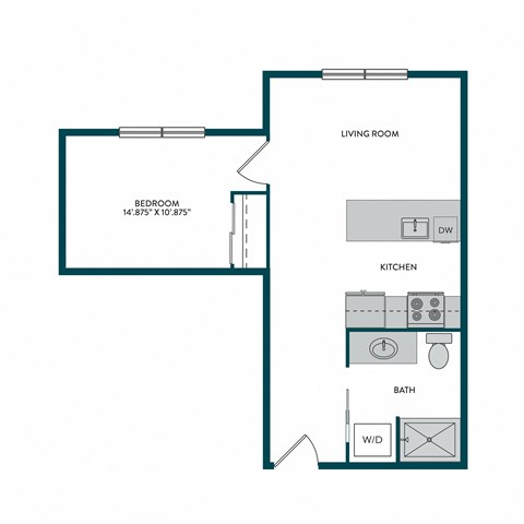 Floor plan for studio, 1 bath, 475 sqft